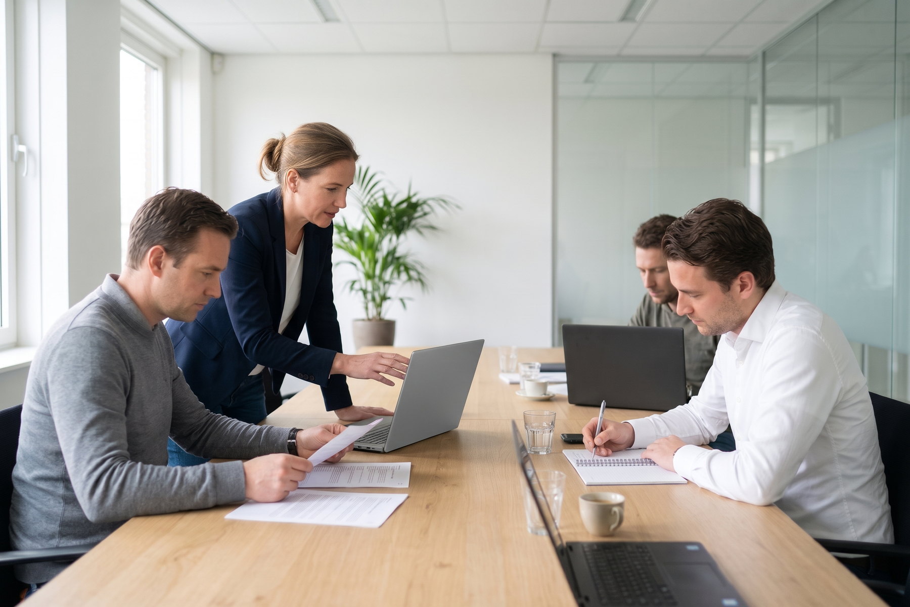 Trainer begeleidt deelnemers aan een houten tafel met laptops en documenten tijdens een incompany AI-training.