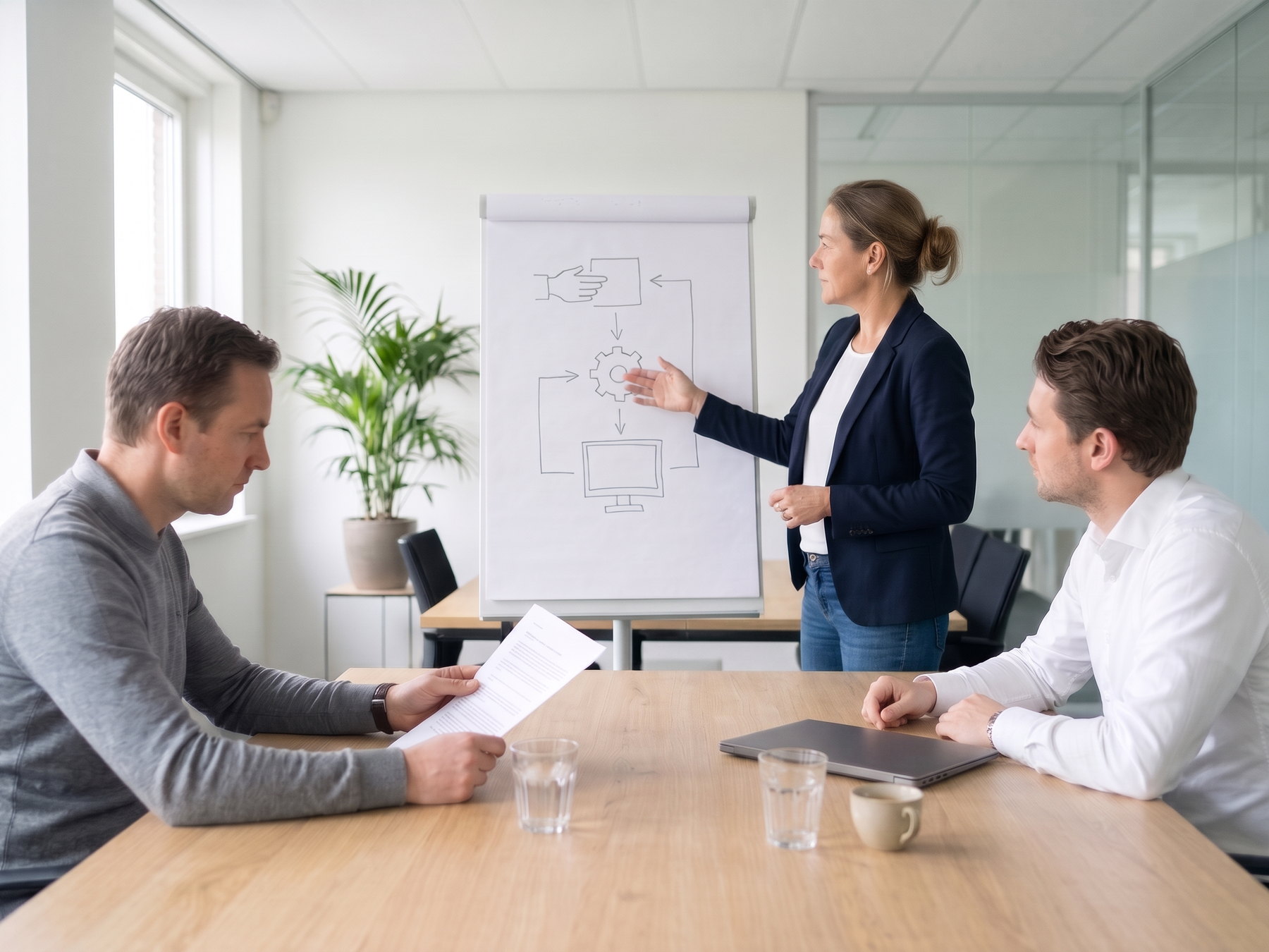 Trainer legt bij een flipover met een stroomschema de human-in-the-loop-werkwijze uit aan twee deelnemers.